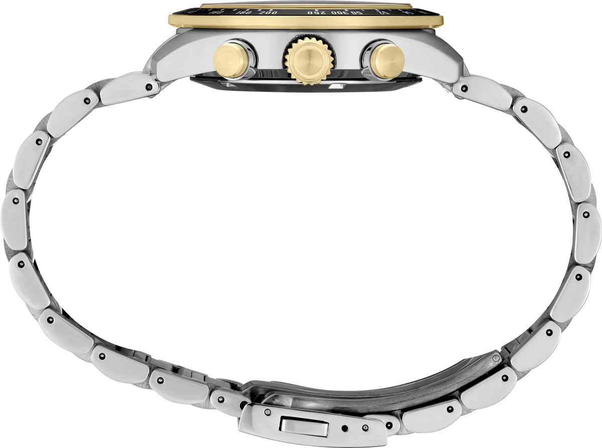 A close-up rear view of a stainless steel and yellow gold watch with a multi-link bracelet, featuring a black dial and gold-tone pushers and crown.