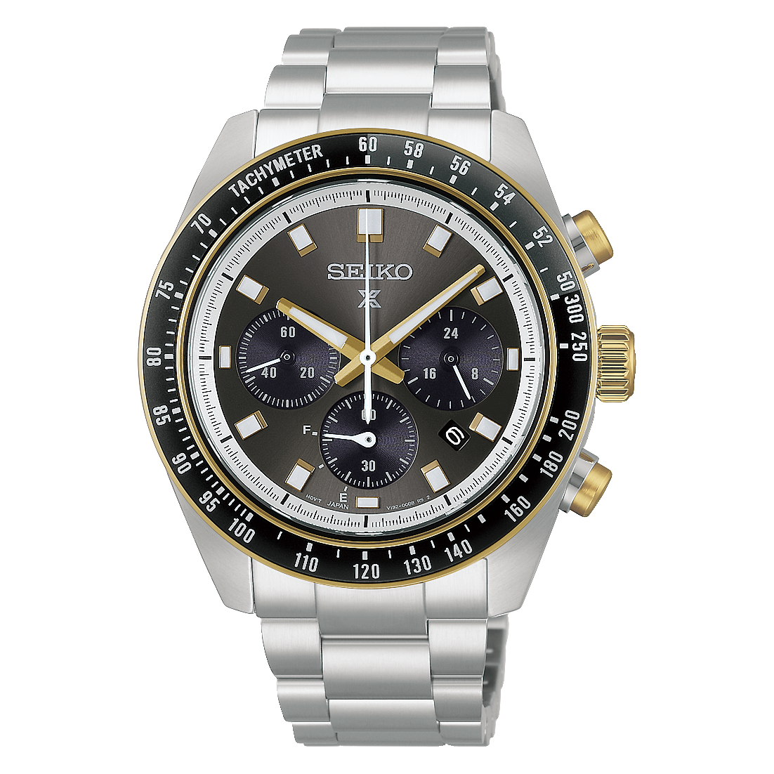 A Seiko stainless steel chronograph watch with a dark gray dial, black tachymeter bezel, and gold-tone accents, shown on a clean white background.
