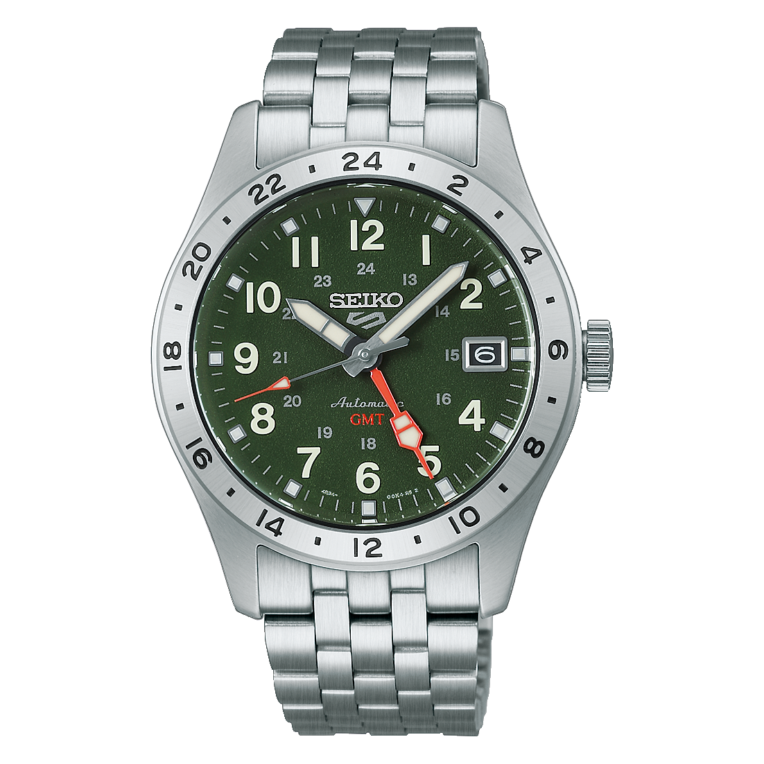 Seiko 5 Sports HDB001 Field GMT automatic watch with stainless steel case and bracelet, metallic 24-hour bezel, GMT hand for second time zone, LumiBrite hands and markers, Caliber 4R34 movement, and see-through screwdown caseback.