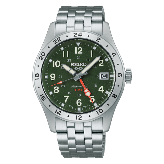 Seiko 5 Sports HDB001 Field GMT automatic watch with stainless steel case and bracelet, metallic 24-hour bezel, GMT hand for second time zone, LumiBrite hands and markers, Caliber 4R34 movement, and see-through screwdown caseback.