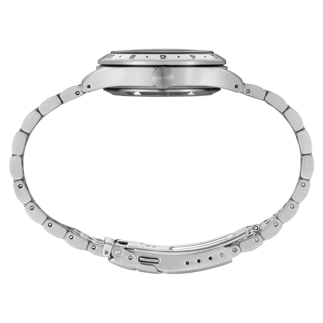 Silver stainless steel watch with a matching metal link bracelet, shown from the back against a white background.