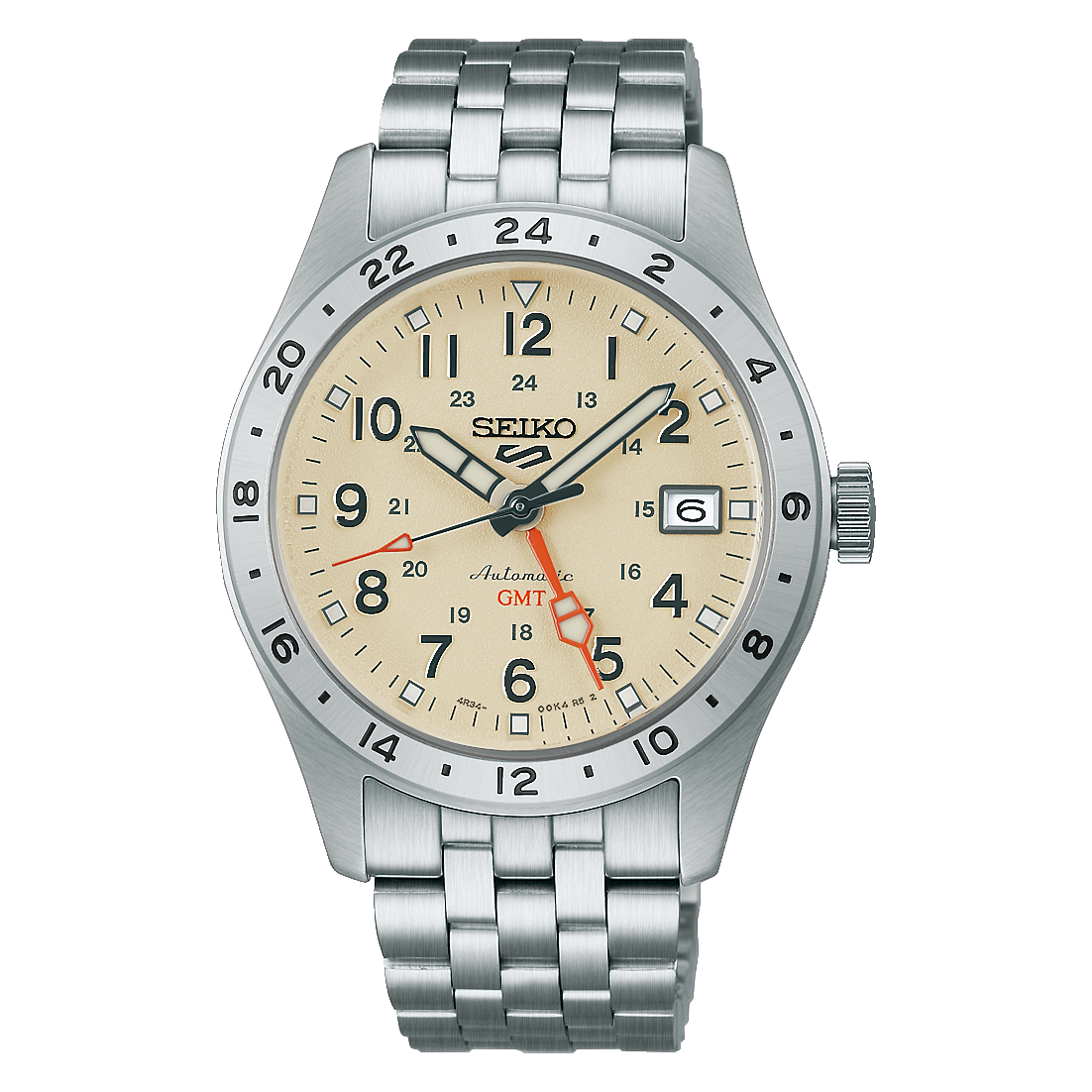 Seiko 5 Sports HDB002 Field GMT automatic watch with stainless steel case and bracelet, metallic 24-hour GMT bezel, GMT hand for second time zone tracking, LumiBrite hands and markers, Caliber 4R34 movement, and see-through screwdown caseback.