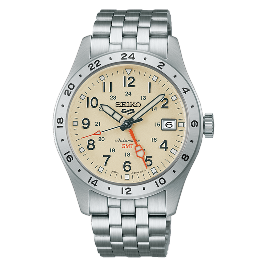 Seiko 5 Sports HDB002 Field GMT automatic watch with stainless steel case and bracelet, metallic 24-hour GMT bezel, GMT hand for second time zone tracking, LumiBrite hands and markers, Caliber 4R34 movement, and see-through screwdown caseback.