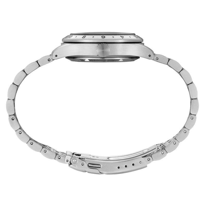Silver stainless steel watch with a matching metal link bracelet, shown from the back against a plain white background.