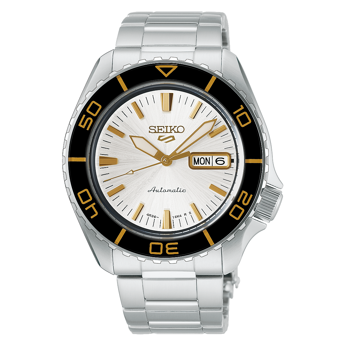 SEIKO 5 Sports HDB004 automatic watch with white dial, gold-tone markers, black rotating bezel, day-date display, and stainless steel bracelet.