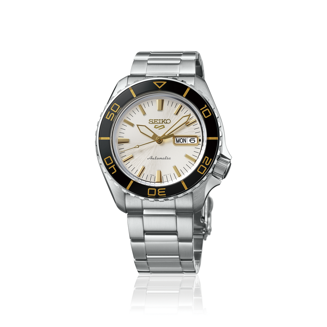 SEIKO 5 Sports HDB004 automatic watch shown upright with stainless steel bracelet, white dial, black bezel, gold accents, and day-date window.