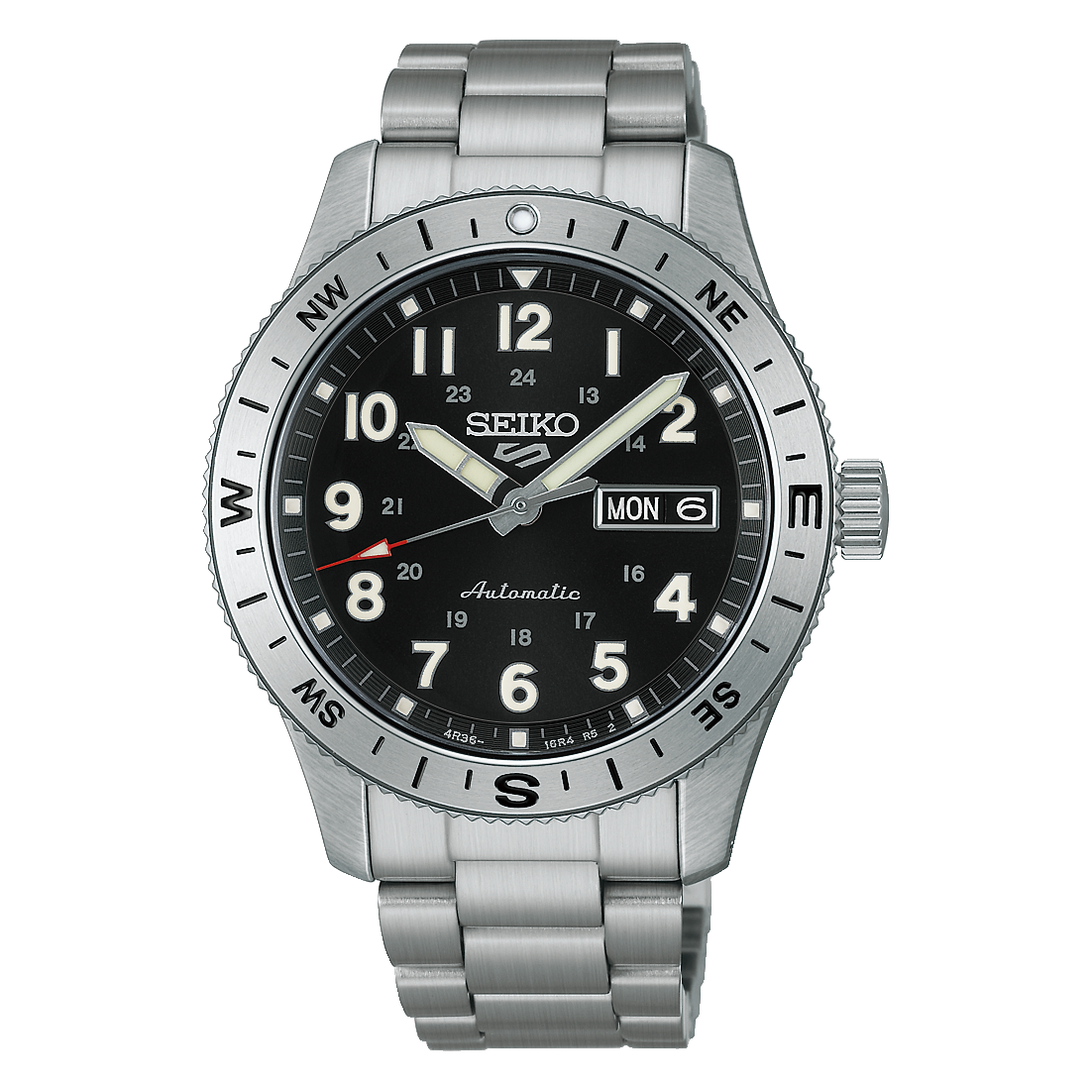 Seiko 5 Sports HDB006 Field Series automatic watch with glossy black Arabic-numeral dial, 41mm stainless steel case, compass-style rotating bezel, LumiBrite details, day-date display, Caliber 4R36 movement, and 10 bar water resistance.