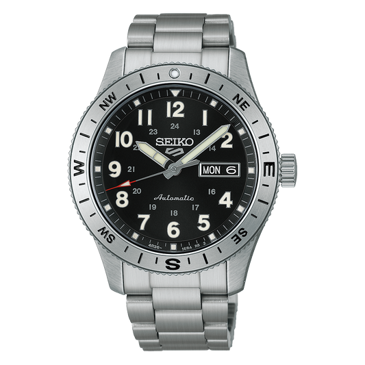 Seiko 5 Sports HDB006 Field Series automatic watch with glossy black Arabic-numeral dial, 41mm stainless steel case, compass-style rotating bezel, LumiBrite details, day-date display, Caliber 4R36 movement, and 10 bar water resistance.