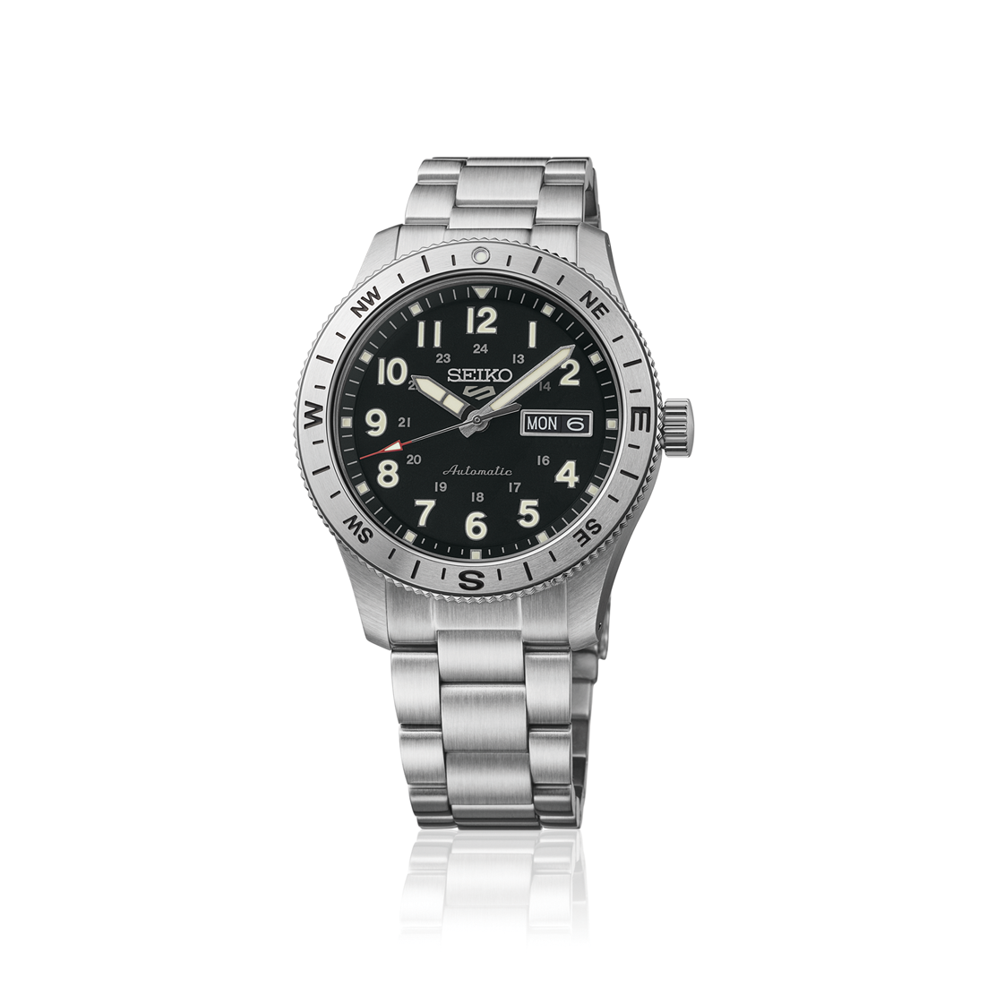 Seiko watch with black dial and silver metal bracelet on a white background