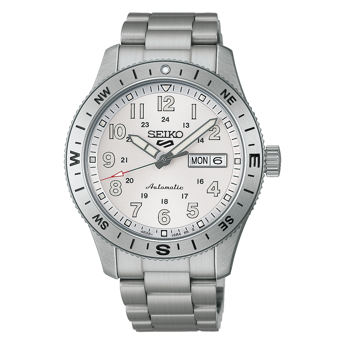 Seiko 5 Sports HDB007 Field Series automatic watch with glossy silver white Arabic-numeral dial, 41mm stainless steel case, compass-style rotating bezel, LumiBrite details, day-date display, Caliber 4R36 movement, and 10 bar water resistance.
