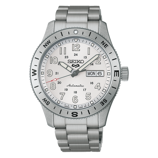 Seiko 5 Sports HDB007 Field Series automatic watch with glossy silver white Arabic-numeral dial, 41mm stainless steel case, compass-style rotating bezel, LumiBrite details, day-date display, Caliber 4R36 movement, and 10 bar water resistance.