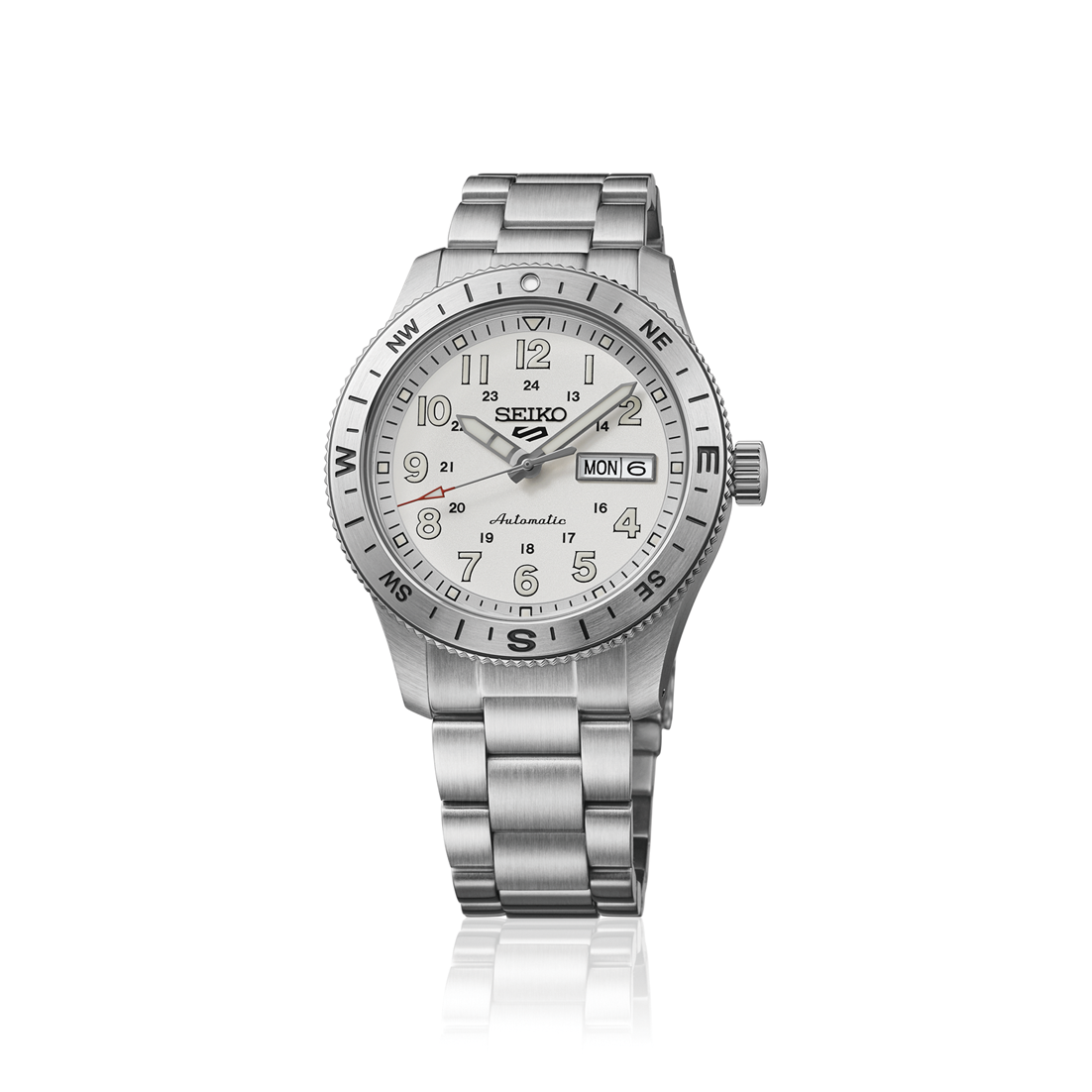 Silver Seiko watch on a white background