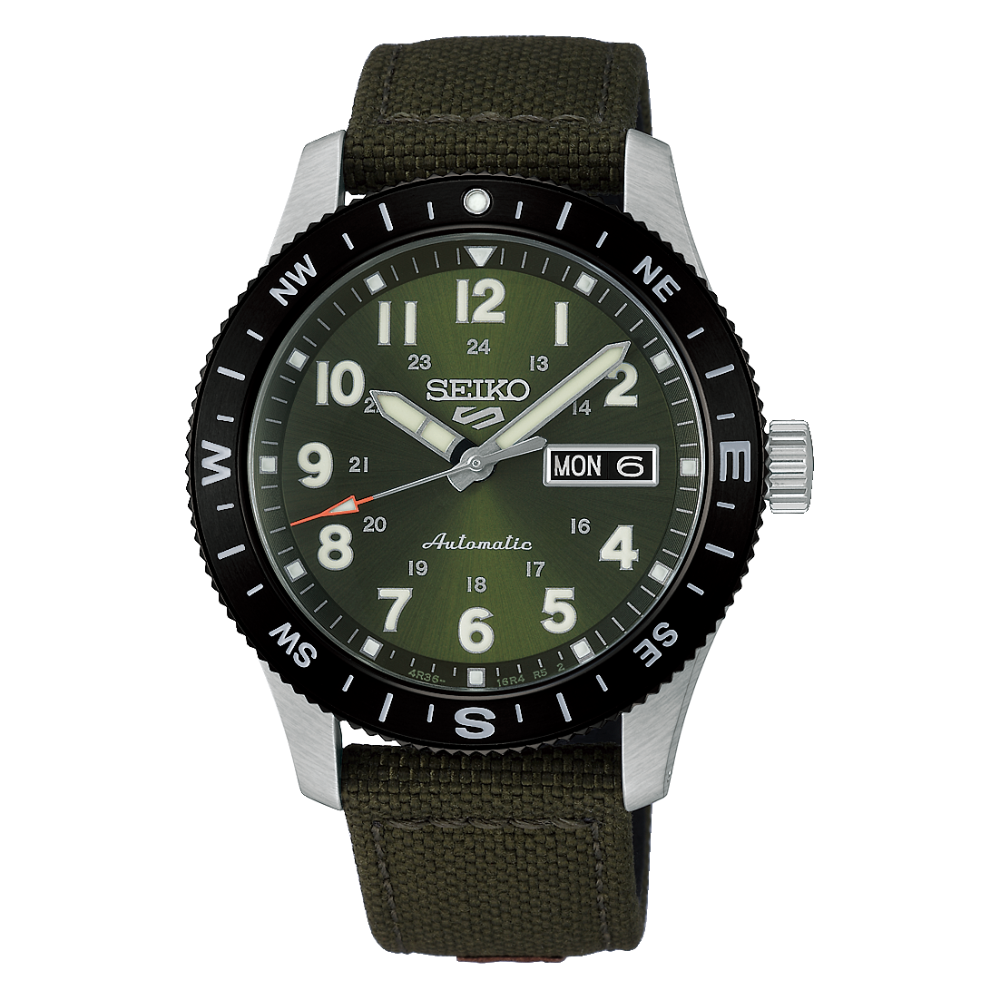Seiko 5 Sports HDB008 Field Series automatic watch with khaki green earth-tone Arabic-numeral dial, 41mm stainless steel case, compass-style rotating bezel, nylon strap with leather detailing, LumiBrite details, day-date display, and Caliber 4R36 movement.