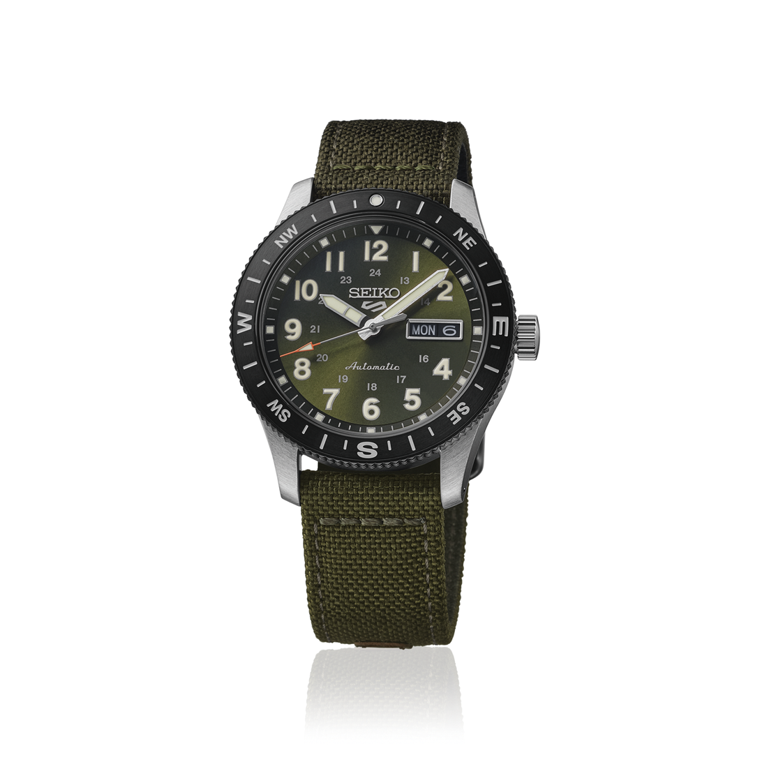 Seiko watch with green strap and black dial on a white background