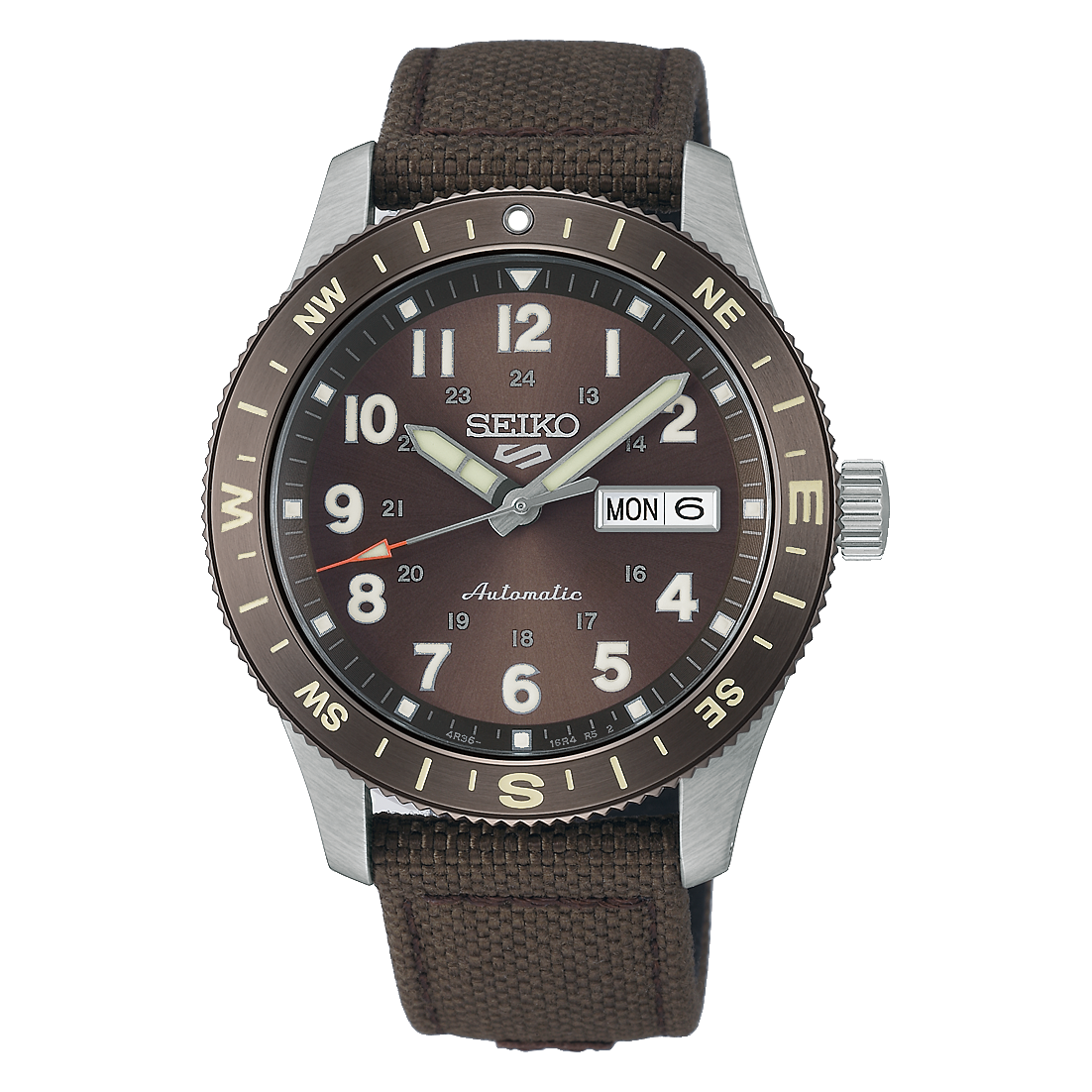 Seiko 5 Sports HDB009 Field Series automatic watch with brown earth-tone Arabic-numeral dial, 41mm stainless steel case, compass-style rotating bezel, nylon strap with leather detailing, LumiBrite details, day-date display, and Caliber 4R36 movement.