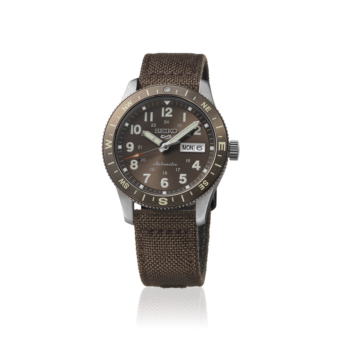 Seiko watch with brown strap and face on a white background