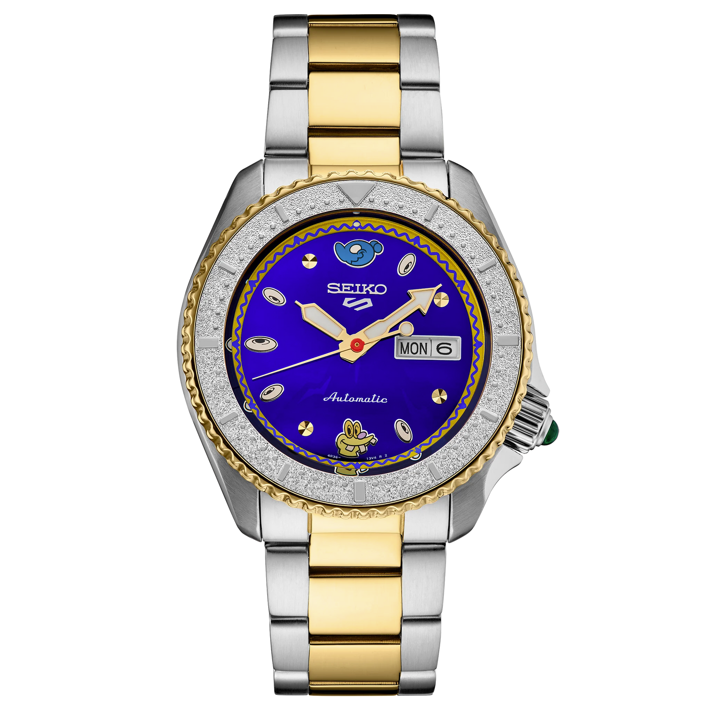 Seiko watch with two-tone gold and silver band on white background