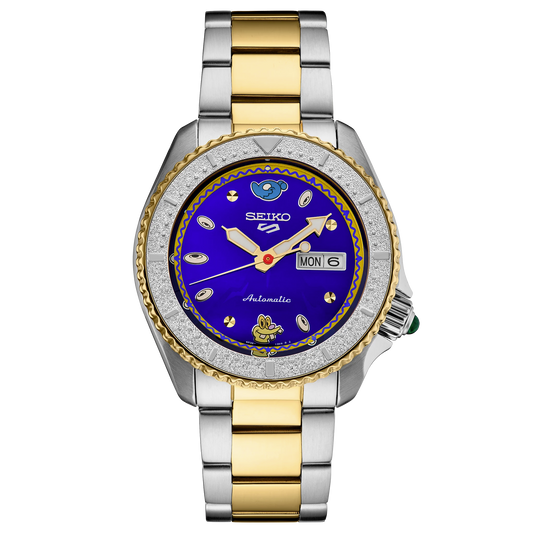 Seiko watch with two-tone gold and silver band on white background