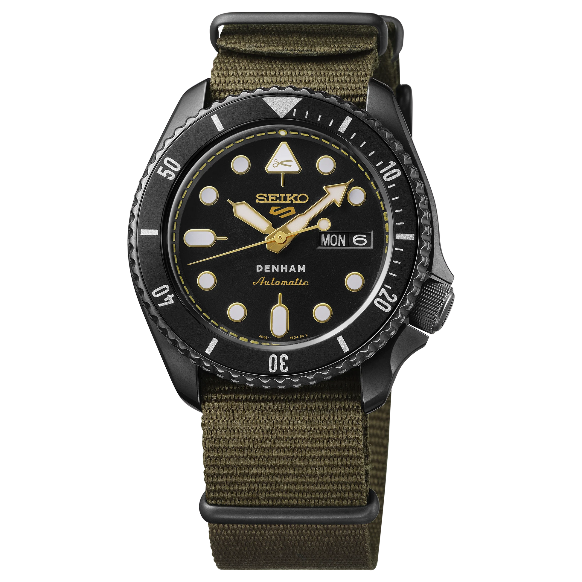 SEIKO 5 Sports SBSA283 DENHAM Limited Edition – black sunray dial with gold accents, stitching-inspired motif, black/gray rotating bezel, green nylon strap, automatic movement, and 100m water resistance.
