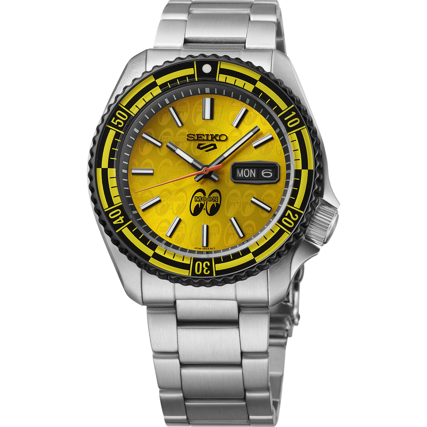 Seiko 5 Sports SRPL85 – SKX Sports Style automatic watch with classic black dial, luminous hands and indices, black unidirectional bezel with glossy Hardlex insert, stainless steel case and bracelet, screwdown see-through caseback, 100m water resistance.