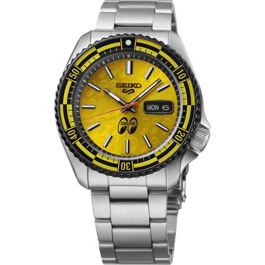 Seiko 5 Sports SRPL85 – SKX Sports Style automatic watch with classic black dial, luminous hands and indices, black unidirectional bezel with glossy Hardlex insert, stainless steel case and bracelet, screwdown see-through caseback, 100m water resistance.