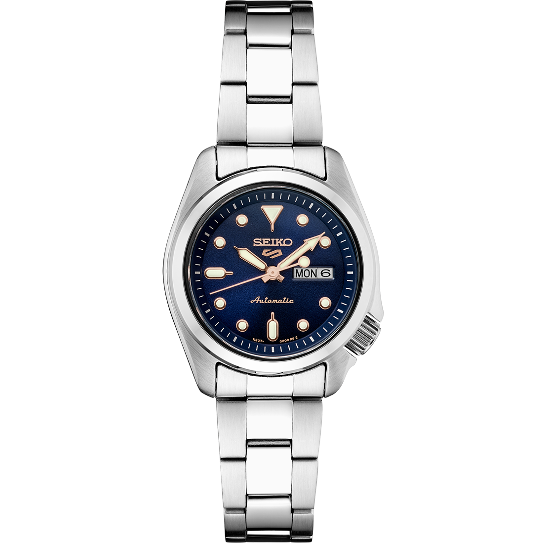 Seiko 5 Sports SRE003 automatic watch with navy blue sunray dial, luminous hands and markers, stainless steel case and bracelet, and compact vintage-inspired design.