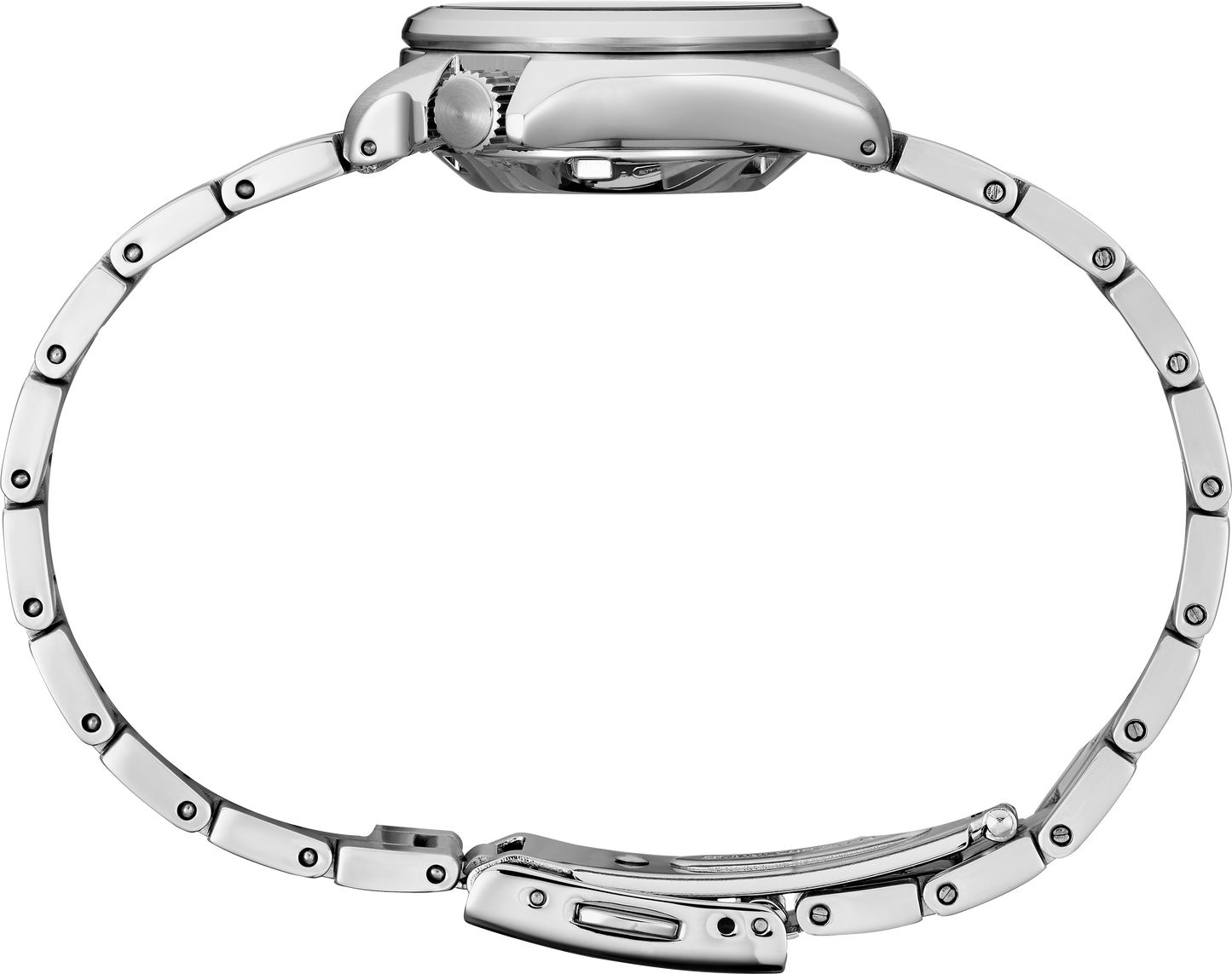 Close-up of a silver watch band on a white background