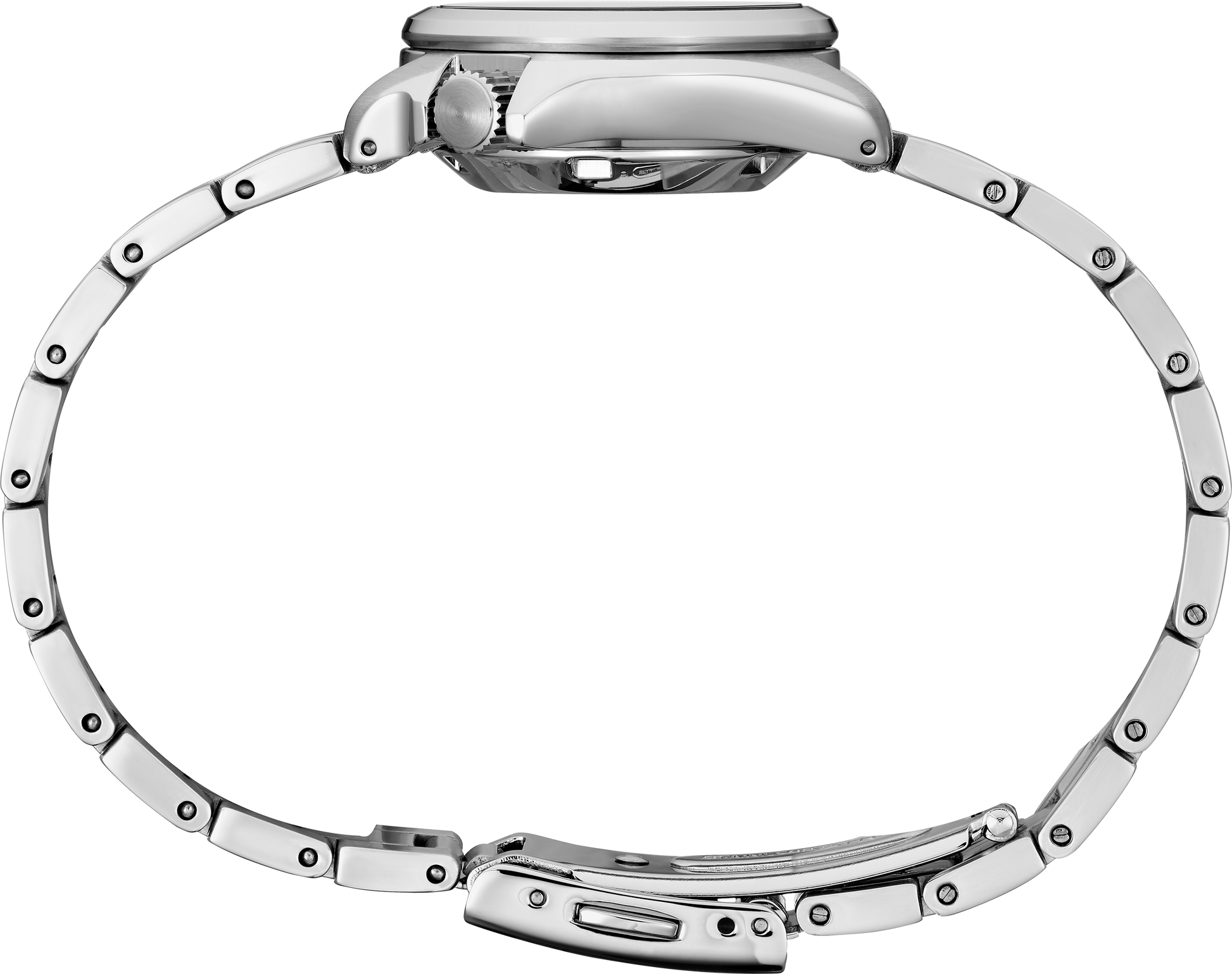 Close-up of a silver watch band on a white background