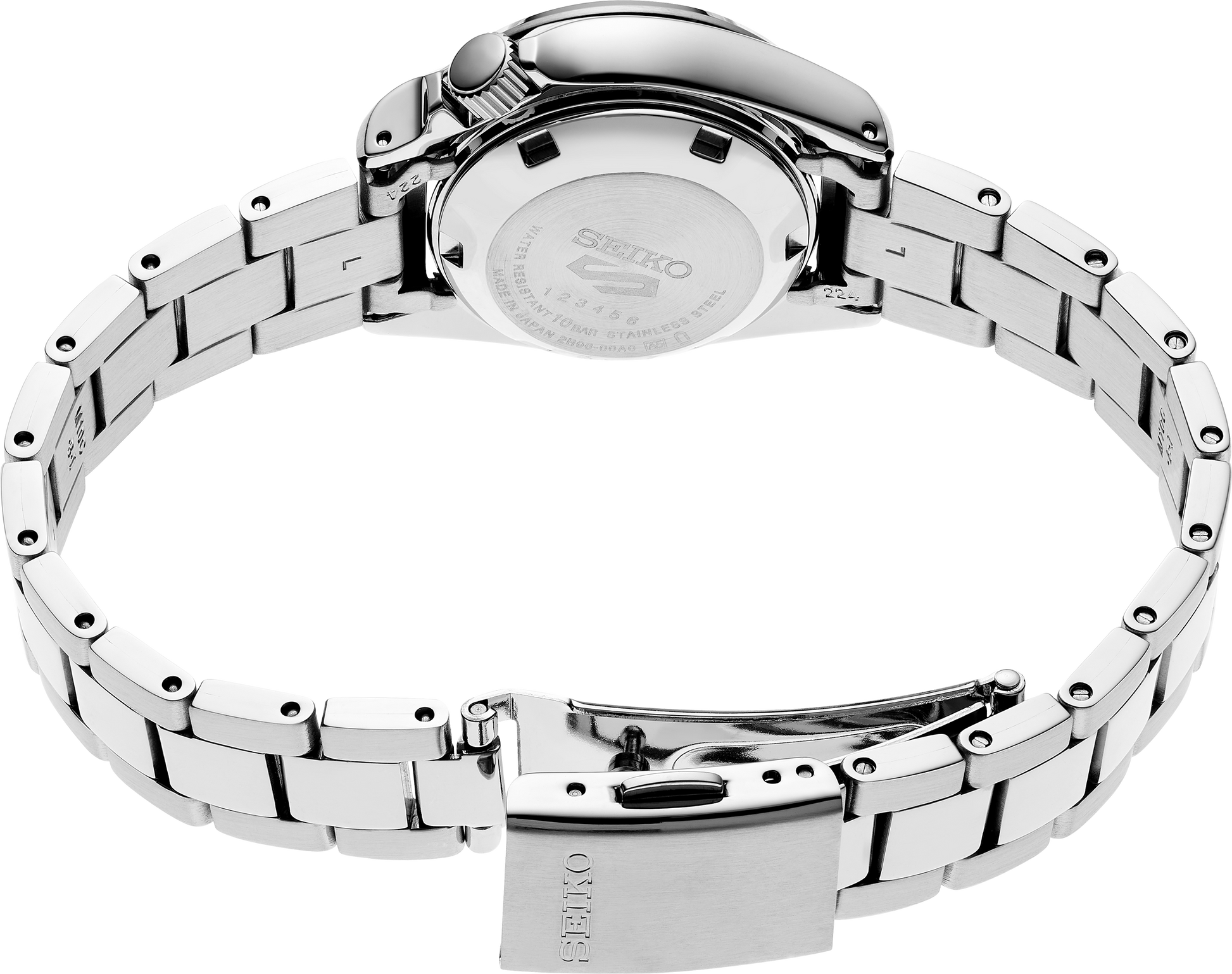 Silver Seiko watch with metal bracelet on a white background