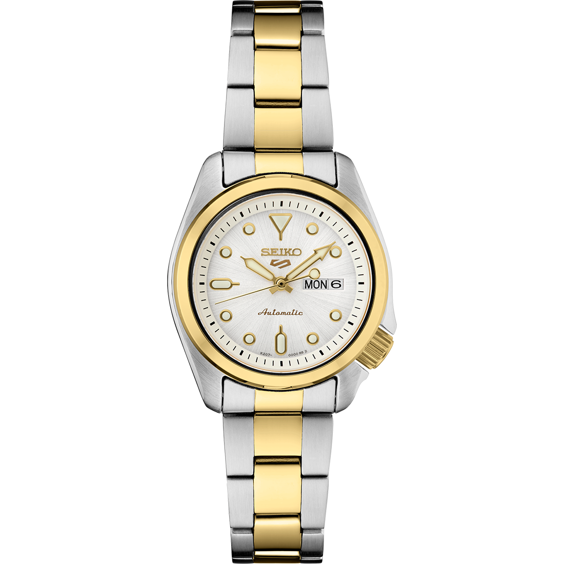 Seiko 5 Sports SRE004 automatic watch with white sunray dial, luminous hands and markers, two-tone stainless steel case and bracelet, and compact vintage-inspired design.