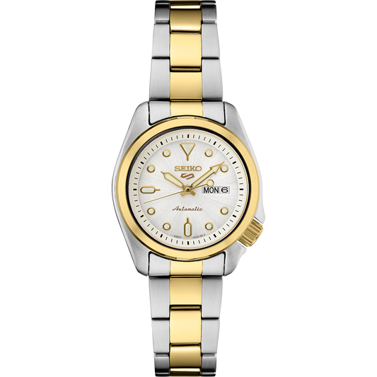 Seiko 5 Sports SRE004 automatic watch with white sunray dial, luminous hands and markers, two-tone stainless steel case and bracelet, and compact vintage-inspired design.