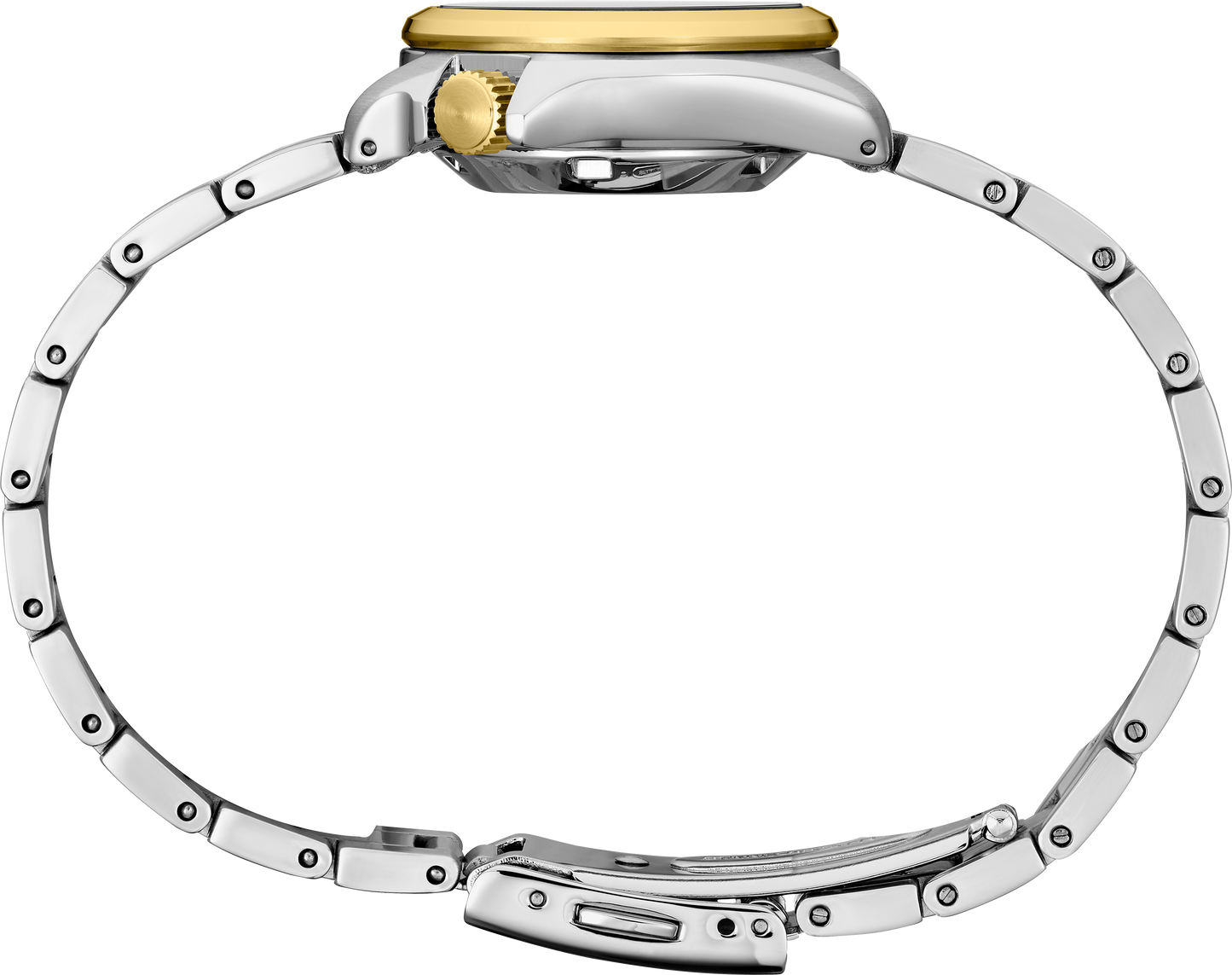 Close-up of a silver and gold watch band on a white background