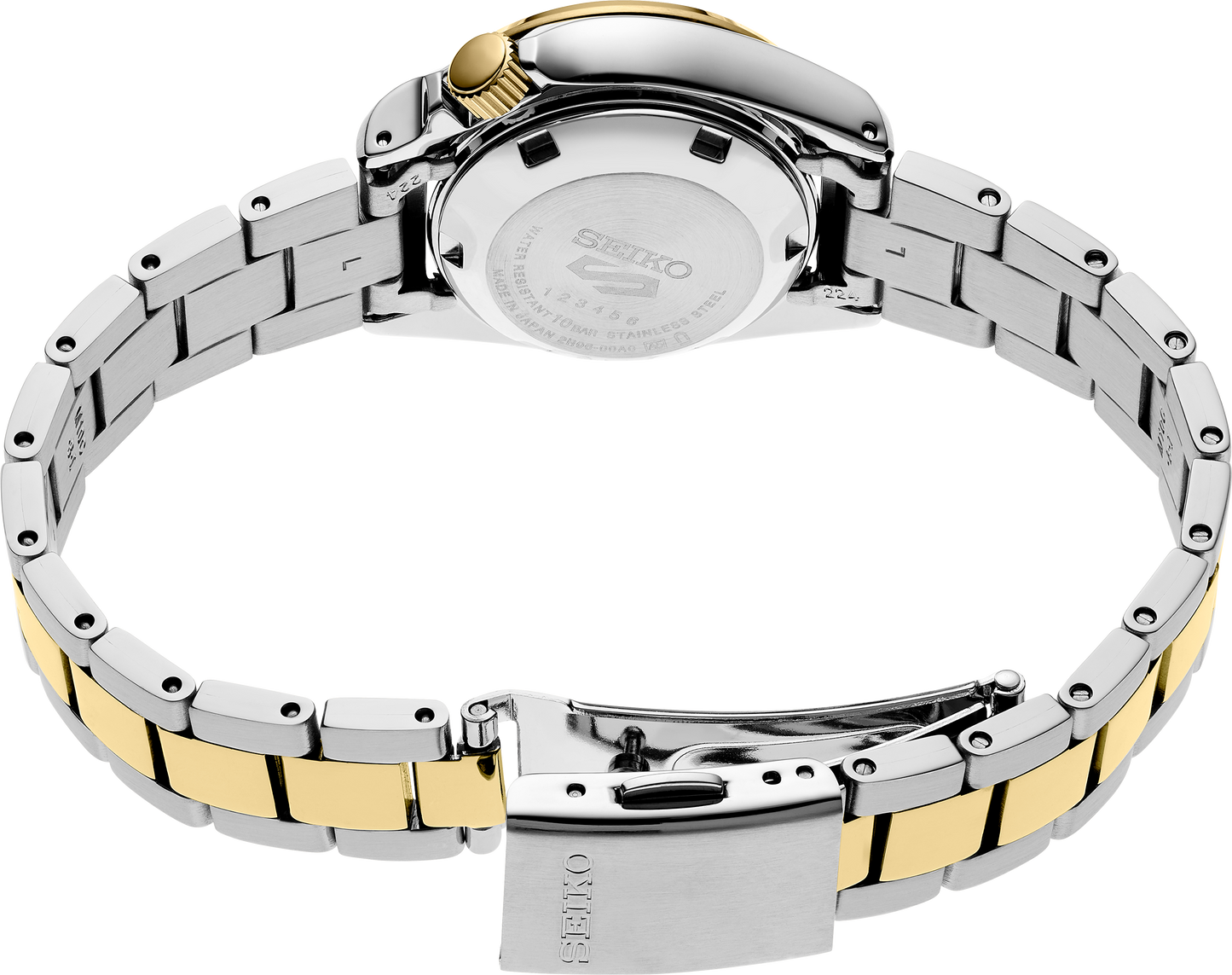 Seiko watch with two-tone metal bracelet on a white background