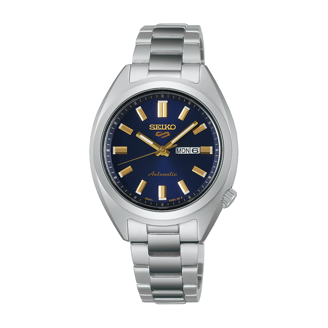 Seiko SRE021 Seiko 5 Sports SNXS automatic watch with dark blue dial, gold-tone hands and indices, day-date display, and compact 32mm stainless steel case with bracelet
