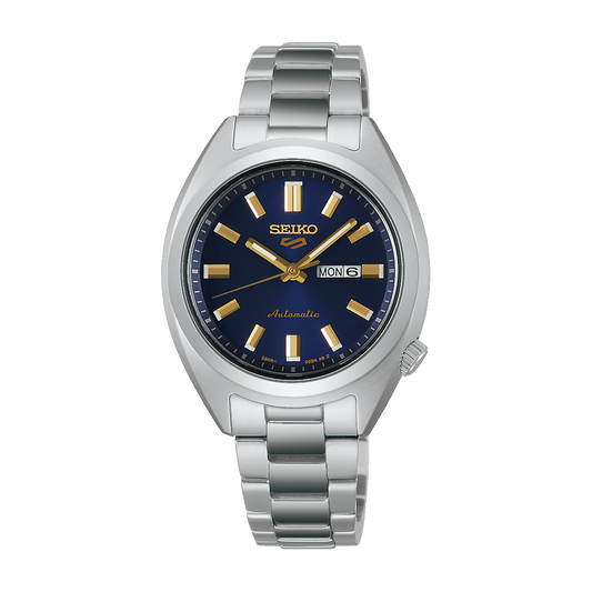 Seiko SRE021 Seiko 5 Sports SNXS automatic watch with dark blue dial, gold-tone hands and indices, day-date display, and compact 32mm stainless steel case with bracelet