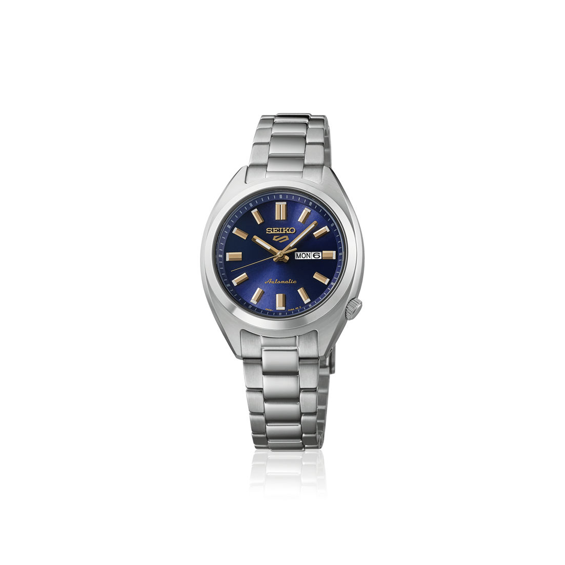 Silver Seiko watch with a blue face on a white background