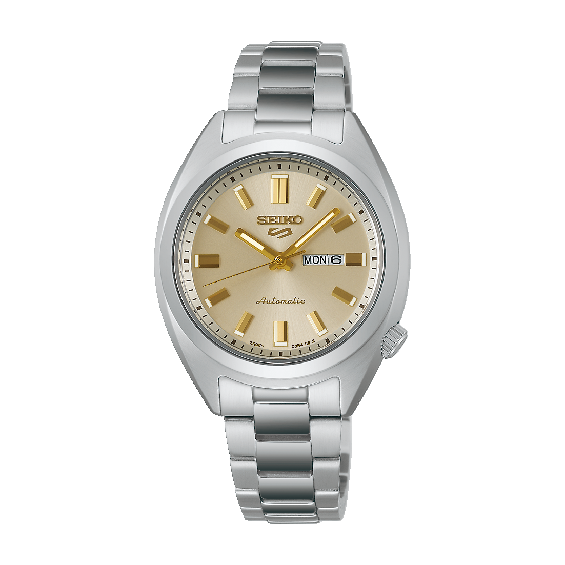 Seiko SRE023 Seiko 5 Sports SNXS automatic watch with champagne dial, gold-tone hands and indices, day-date display, and compact 32mm stainless steel case with bracelet.