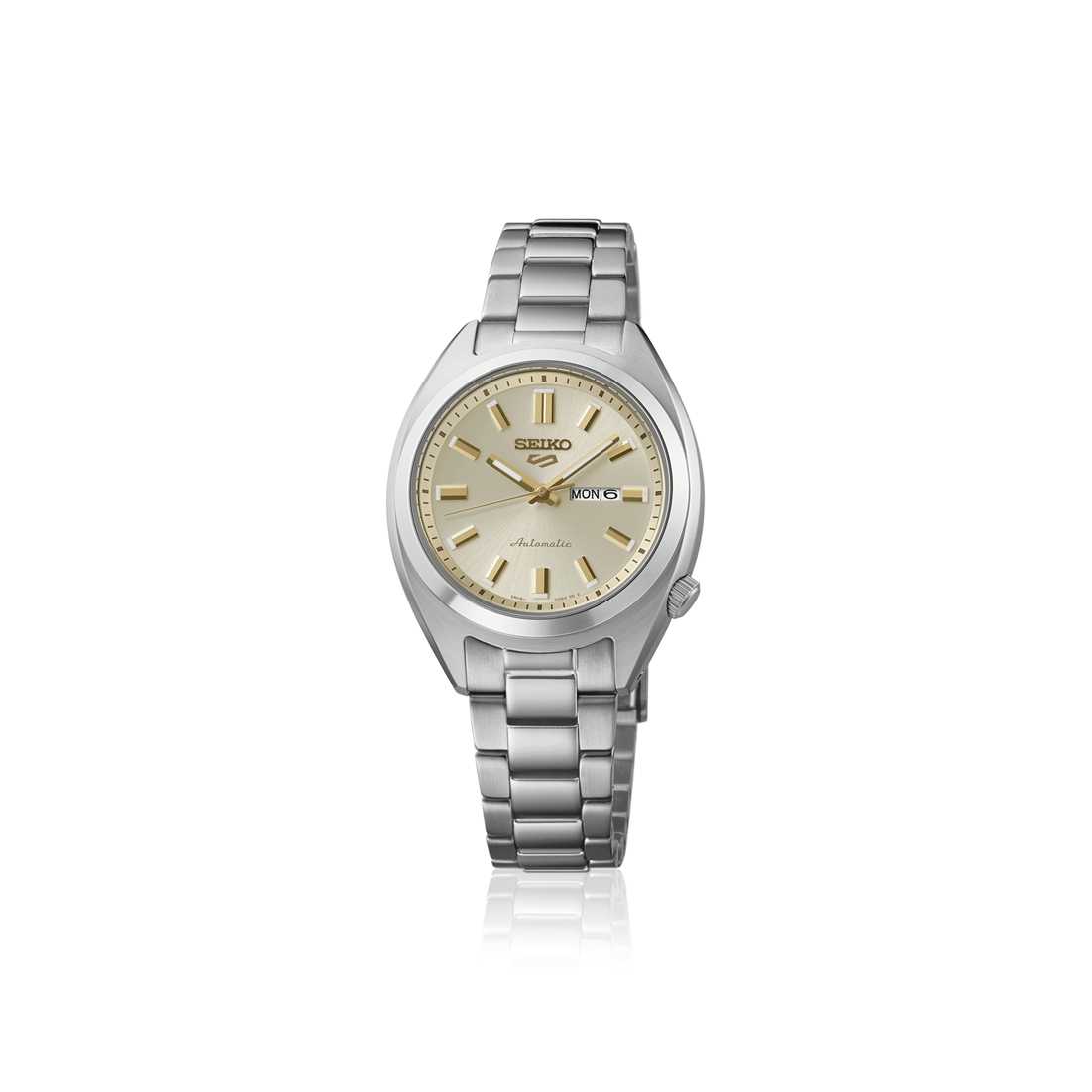 Silver Seiko watch with a gold face on a white background