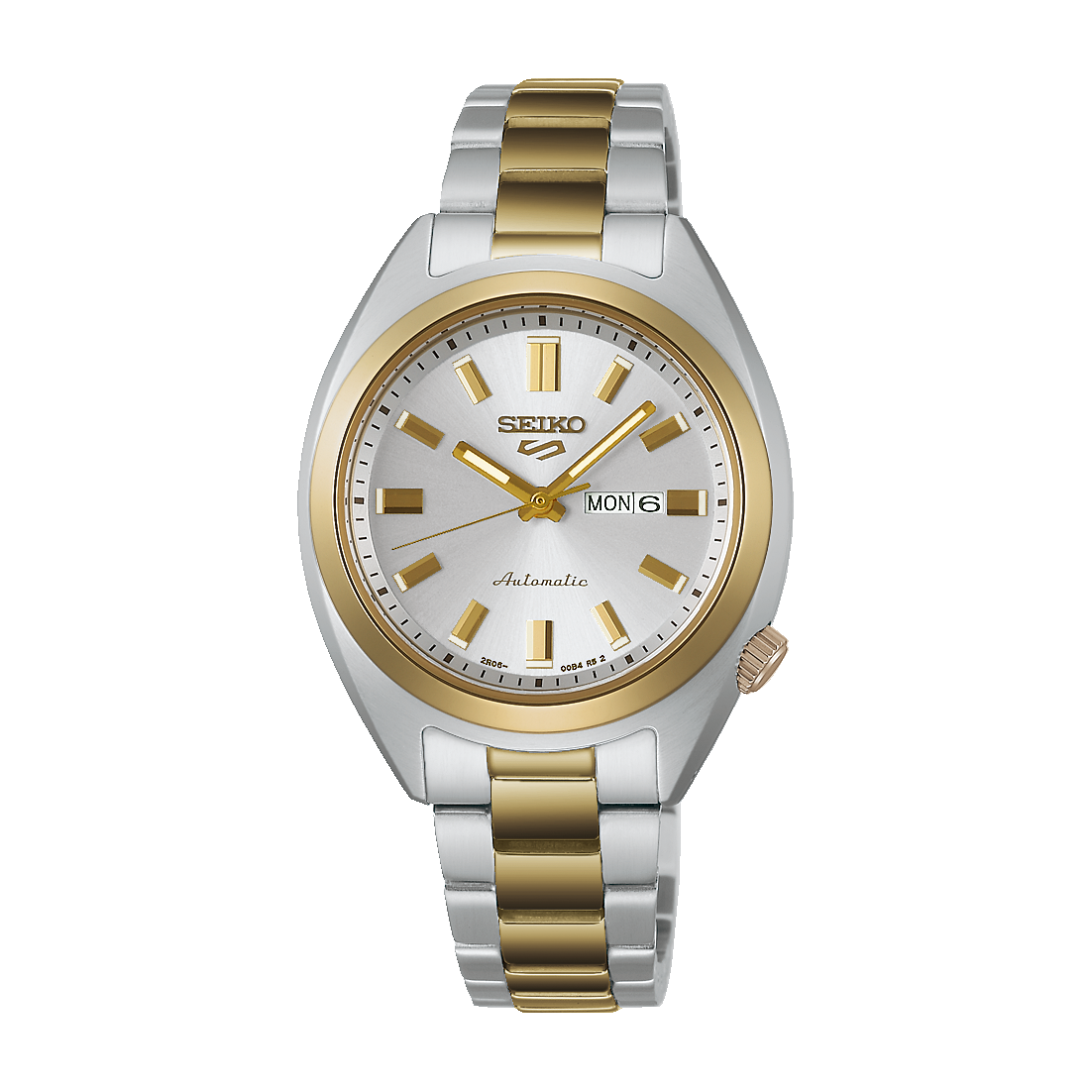 Seiko SRE024 Seiko 5 Sports SNXS automatic watch with white dial, gold-tone hands and indices, two-tone stainless steel bracelet, day-date display, and compact 32mm case.