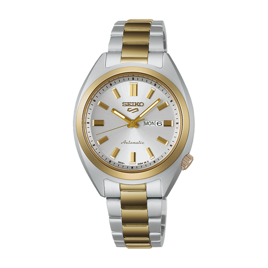 Seiko SRE024 Seiko 5 Sports SNXS automatic watch with white dial, gold-tone hands and indices, two-tone stainless steel bracelet, day-date display, and compact 32mm case.