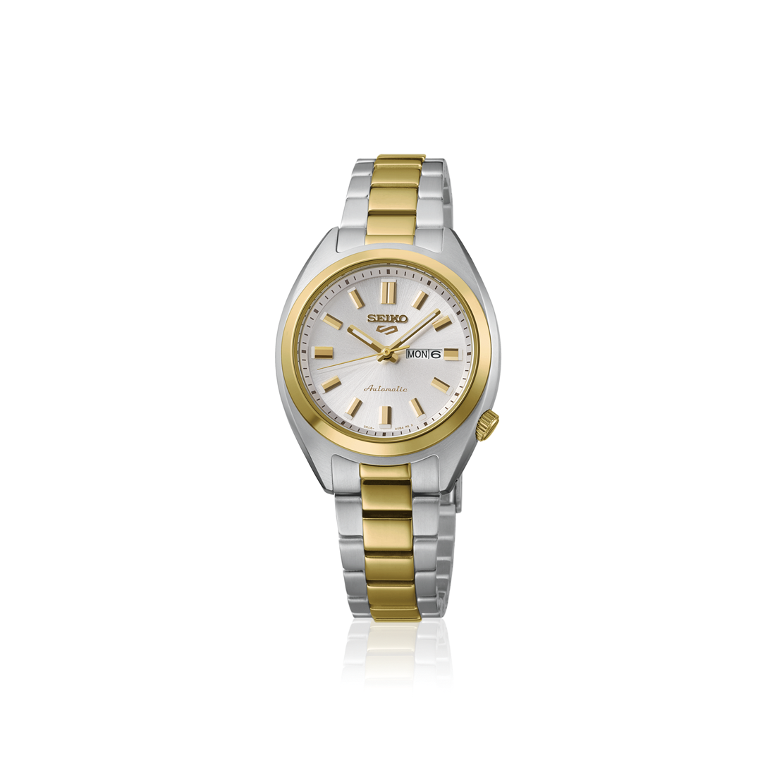 Two-tone watch with silver and gold band on a white background