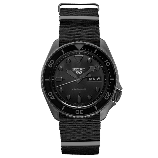 Black Seiko watch with a black strap on a white background