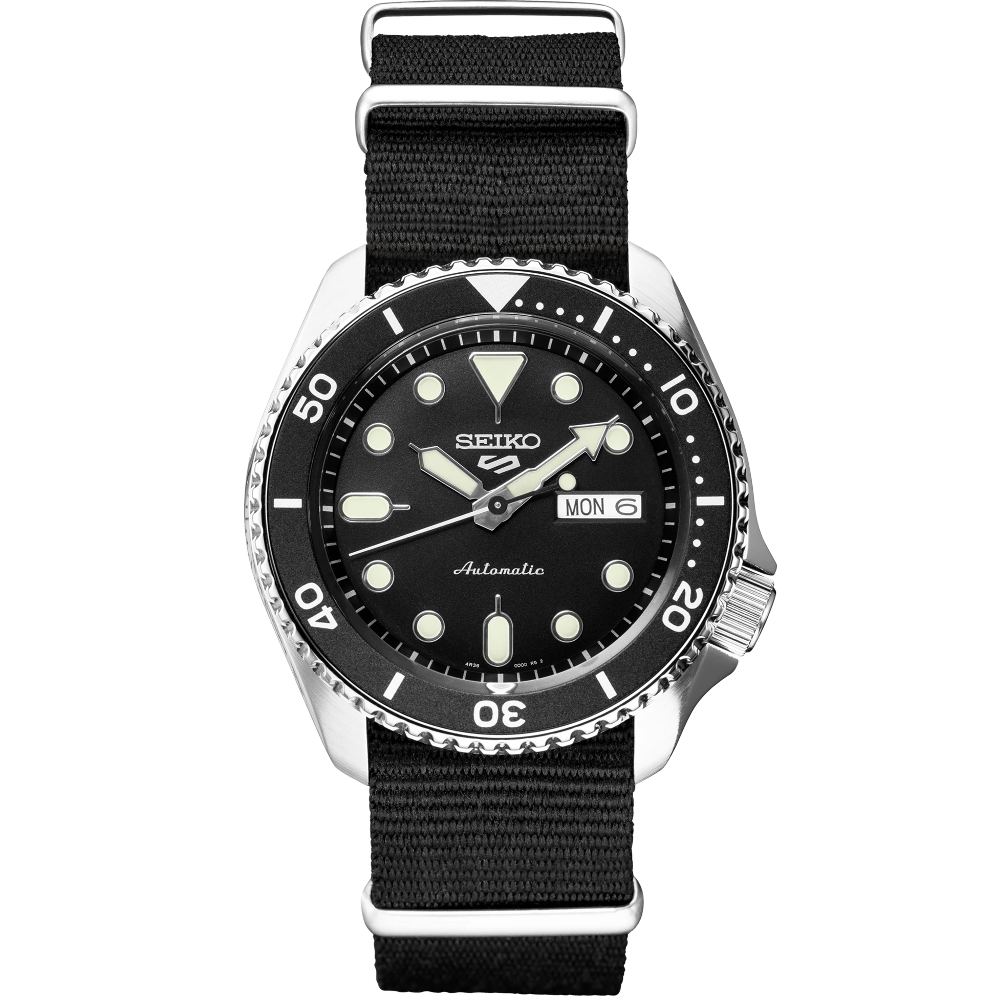 Seiko 5 Sports SRPD89 – rugged black dial automatic watch with rotating bezel, LumiBrite hands, screwdown see-through caseback, and black nylon strap; built for everyday durability and style.