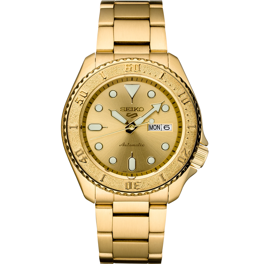Seiko 5 Sports SRPE74 automatic watch with a metallic gold-tone dial, gold-finished stainless steel case and bracelet, unidirectional rotating bezel, and day-date display.