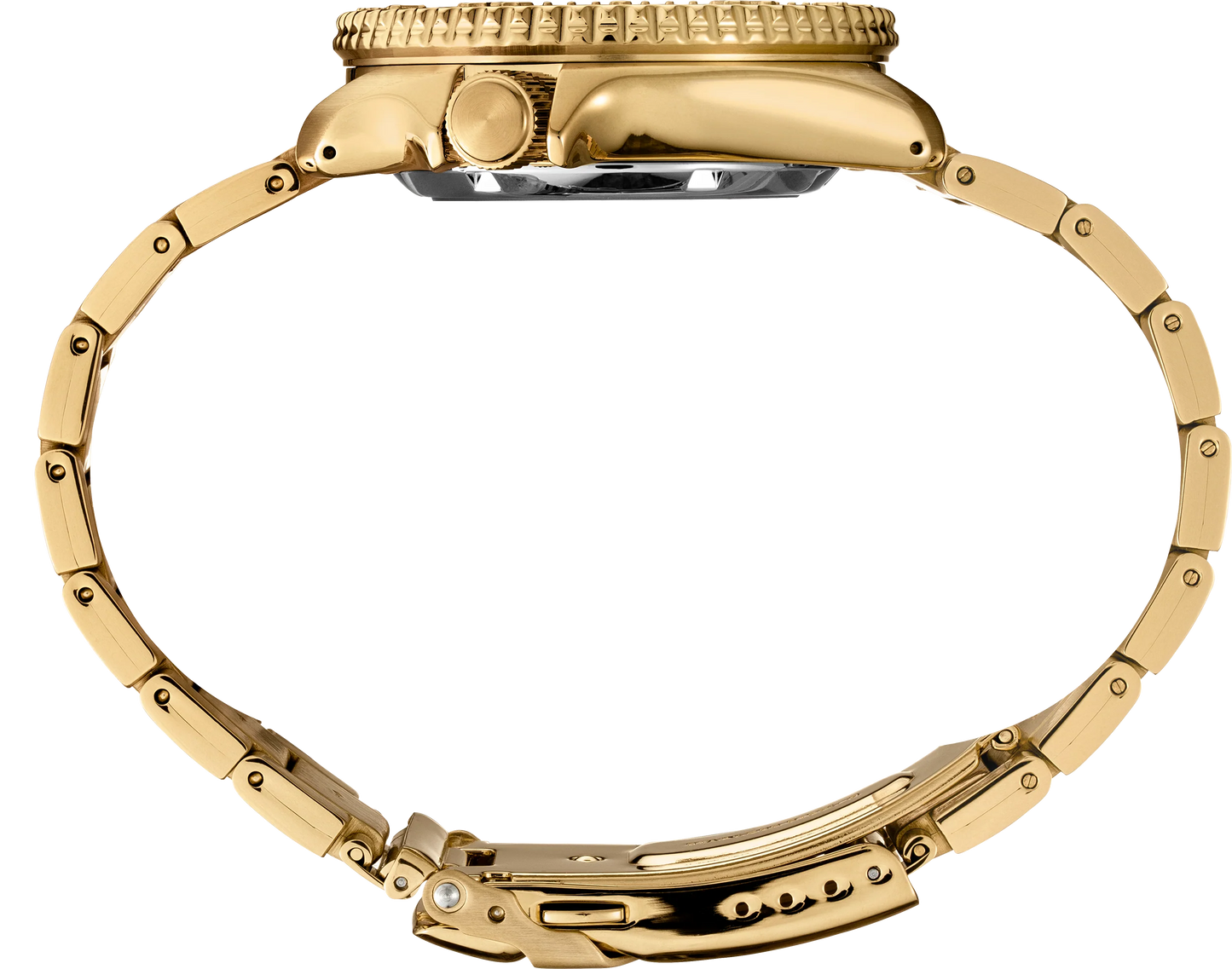 Gold watch with a detailed case on a white background