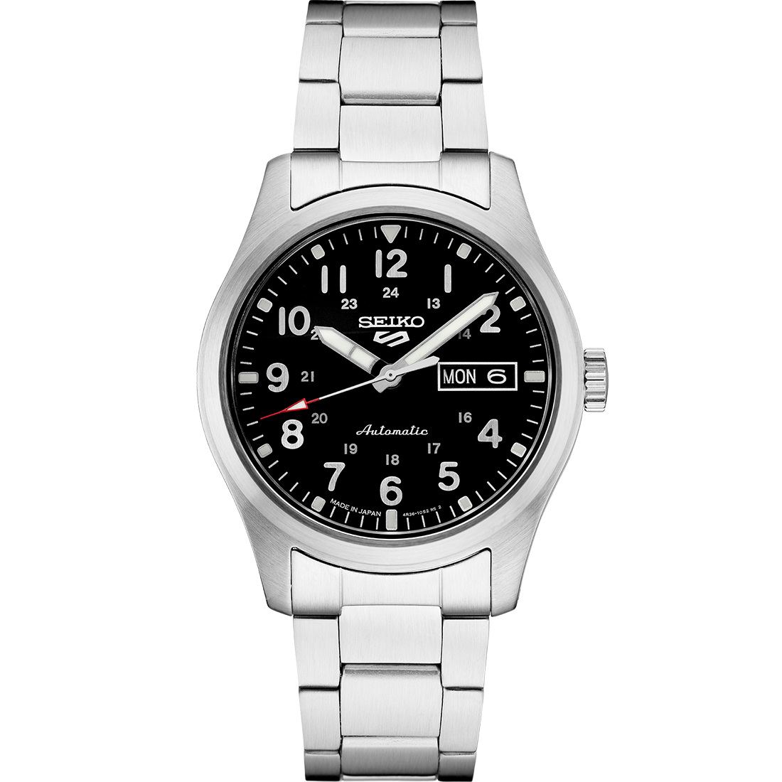 Seiko 5 Sports SRPG27 automatic watch with a black field-style dial, Arabic numerals, red-tipped second hand, stainless steel case and bracelet, and military-inspired design