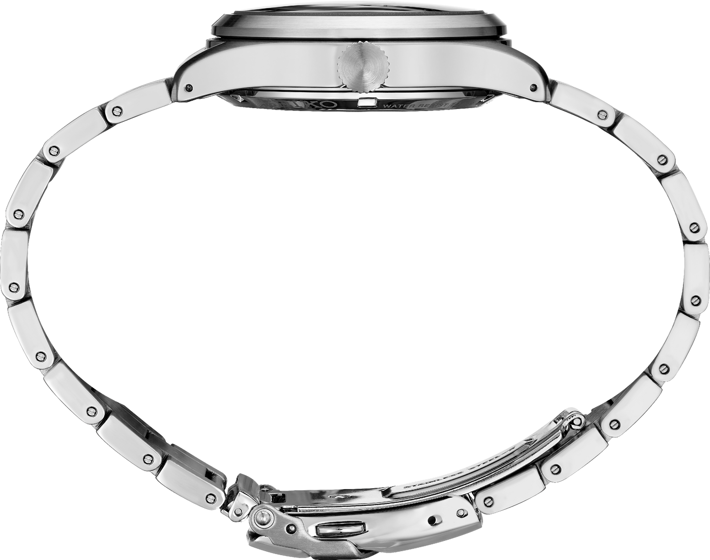 Close-up of a silver watch band on a white background