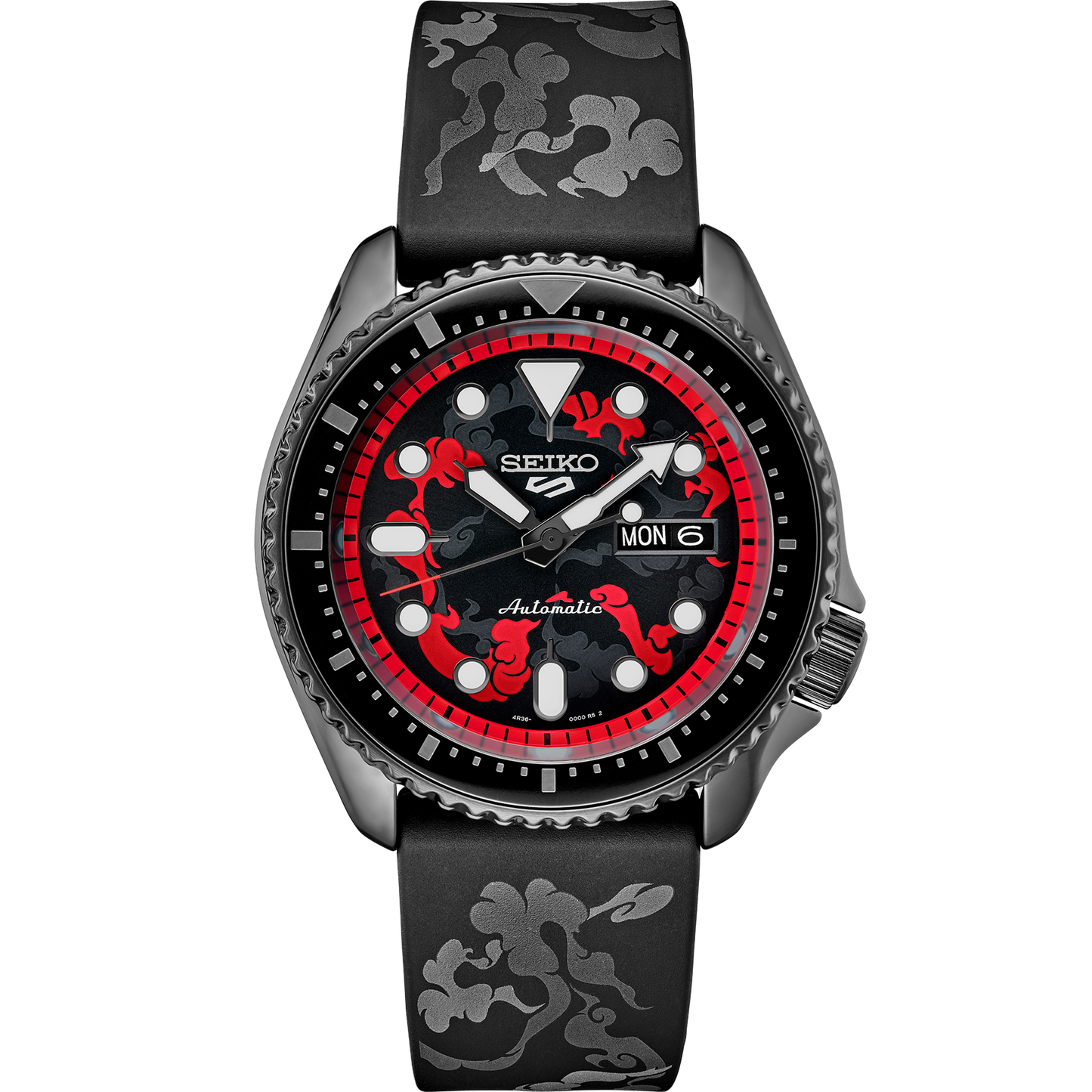 SEIKO 5 Sports One Piece Monkey D. Luffy Limited Edition – gray, black, and red patterned dial, red caseback with Luffy’s logo, black rotating bezel, automatic movement, and 100m water resistance.
