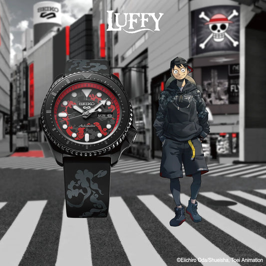 SEIKO 5 Sports One Piece Monkey D. Luffy Limited Edition – gray, black, and red patterned dial, red caseback with Luffy’s logo, black rotating bezel, automatic movement, and 100m water resistance.