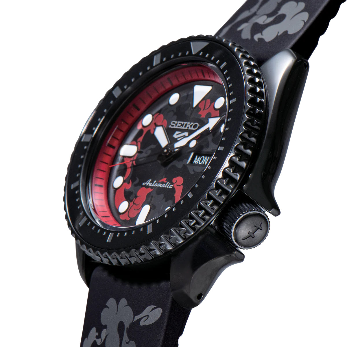 SEIKO 5 Sports One Piece Monkey D. Luffy Limited Edition – gray, black, and red patterned dial, red caseback with Luffy’s logo, black rotating bezel, automatic movement, and 100m water resistance.